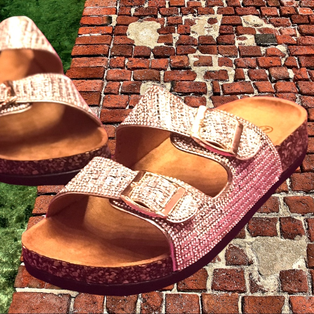 Italina Rhinestone Jewel Double Buckle Strap Cork Slide Contoured Sandal - Picture 11 of 15